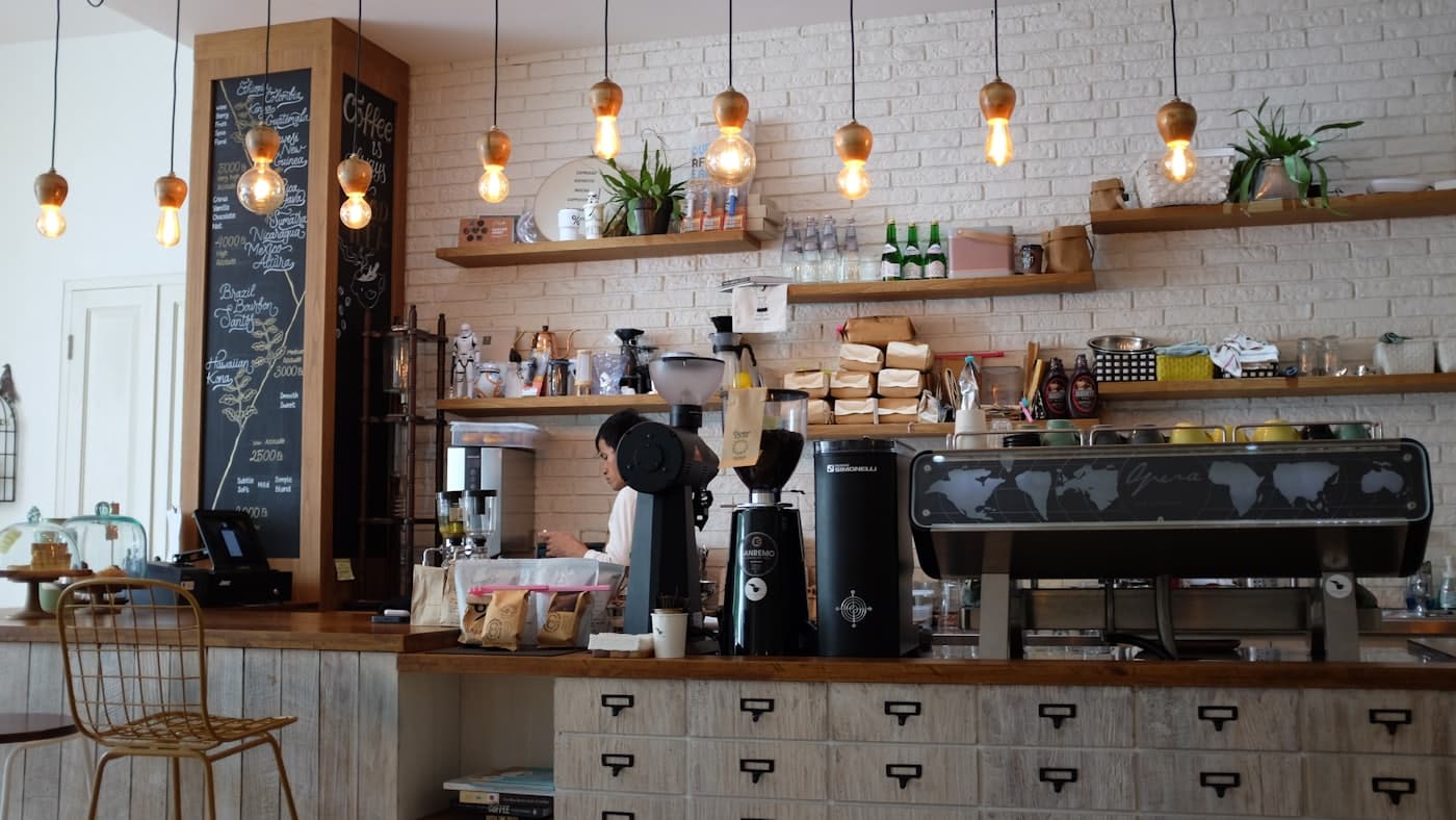 Sunlit café counter lined with plants